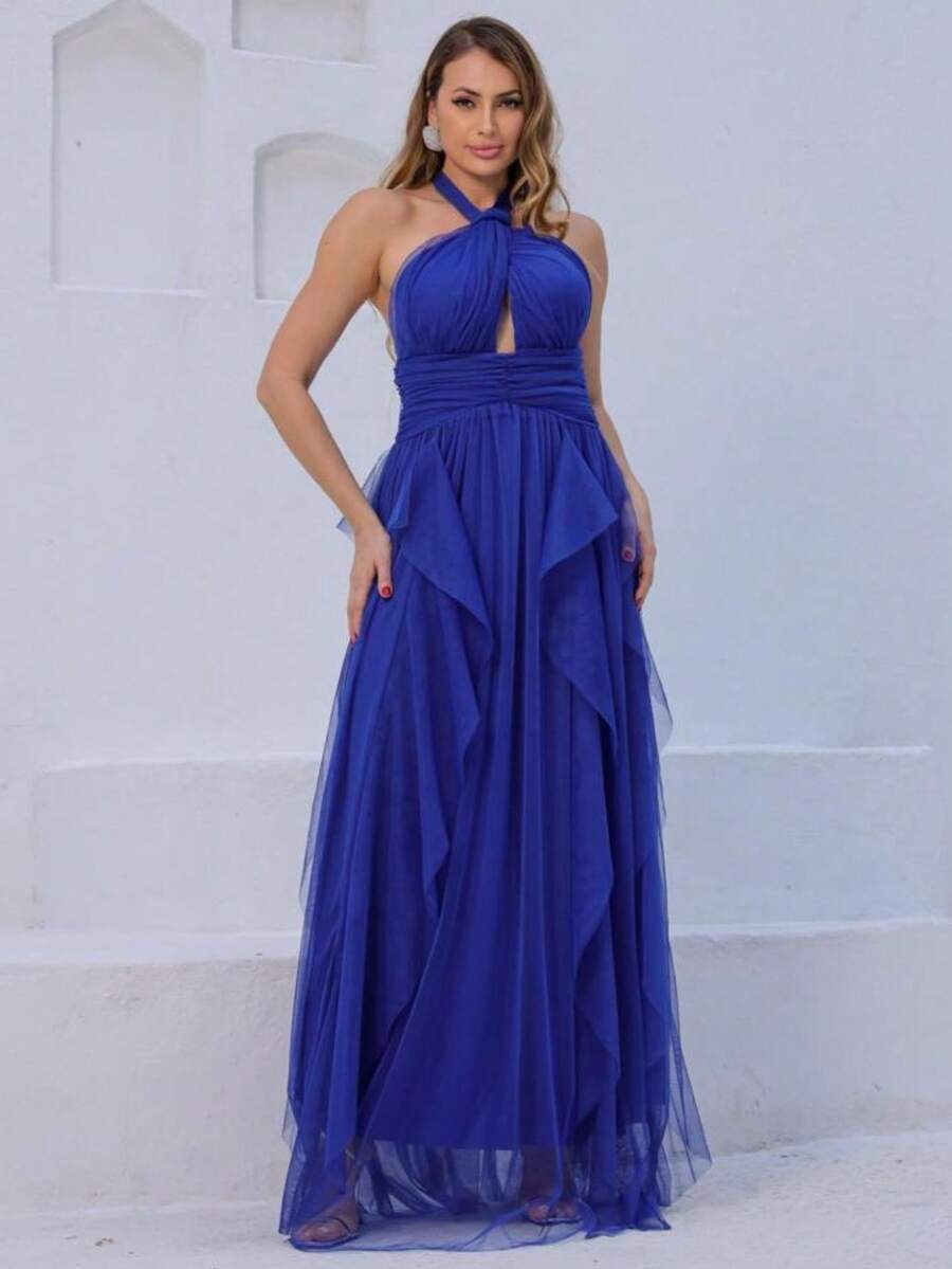 Long Party Dress For Wedding, Bridesmaid, Graduation In Plain Tulle With Cascade Skirt - 寶藍色 - 查看 1