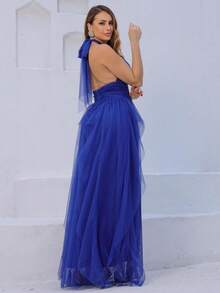Long Party Dress For Wedding, Bridesmaid, Graduation In Plain Tulle With Cascade Skirt - 寶藍色 - 查看 3