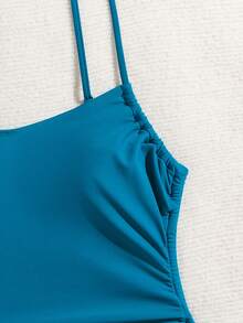 Fashionable New Solid Color Drawstring One Piece Swimsuit For Women - Teal Blue - View 6