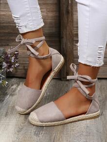 女士平底凉鞋，加大码，罗马风格，系带帆布平底鞋，春秋季 - 灰色 - 查看 5