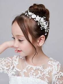 1 pieza Diadema con flor blanca y perlas para mujer/niño, peineta con rosa, accesorio vintage elegante y versátil