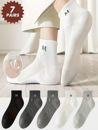 7pcs Random Color M Letter Mesh Men Socks, Solid Color Casual Short Ankle Socks For Spring Summer, Breathable Sports Sock For Male Students