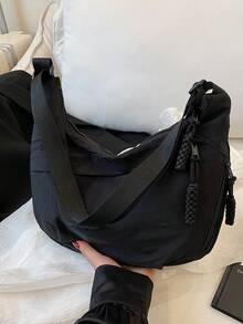 Fashion Solid Color Nylon Waterproof Shoulder Bag, Casual Simple Campus Style Wide Strap Crossbody Bag With Multiple Zippers, Suitable For Students To School, Strolling, Shopping, Daily Use - Black - View 8