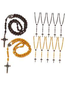 Wooden Bead Rosary Necklace Catholic Rosary Wood Carved Solid Beads With Jesus Cross Our Father With Velour Gift Pouch Baptism Favors Catholic Gift(Coffee, Wood)