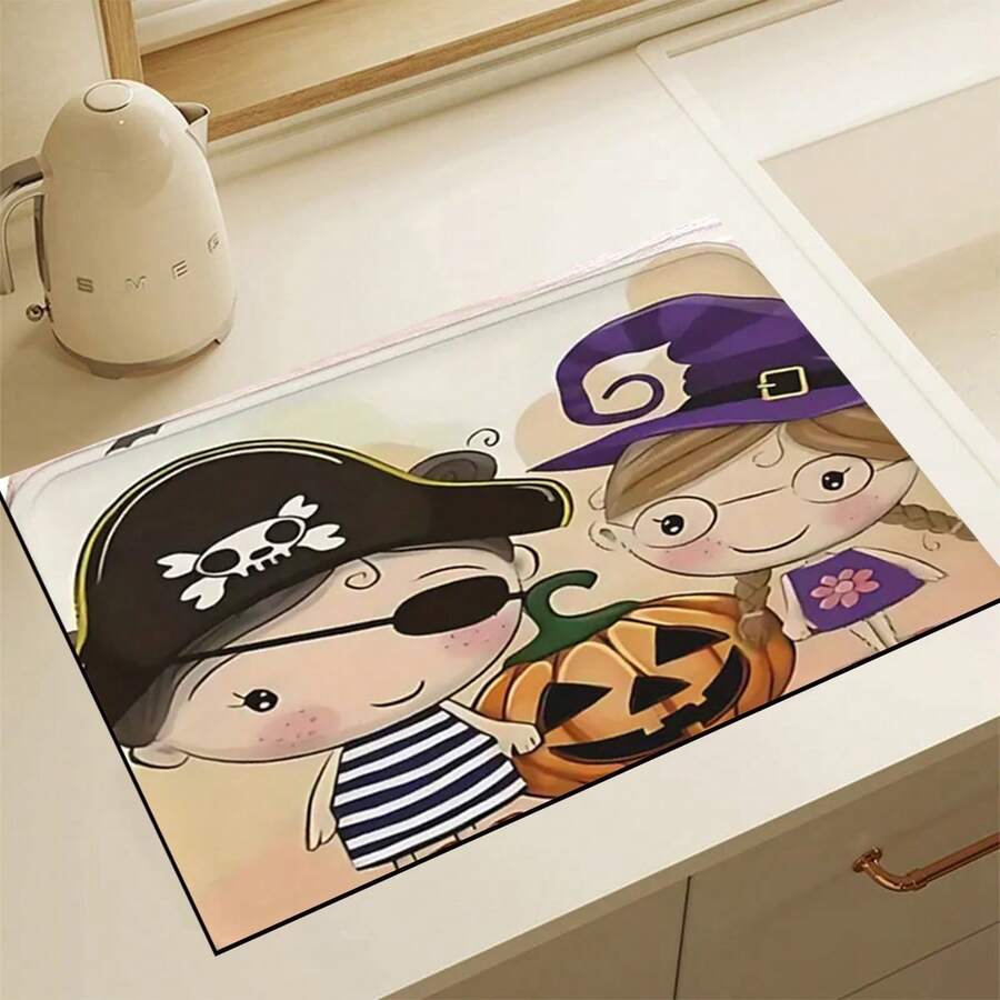 1 pieza Alfombrilla de secado para la cocina con diseño de bruja, pirata y calabaza de Halloween, súper absorbente, con respaldo de goma, multifuncional para el hogar, cafetería y máquina de café