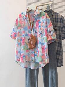 YUXIN [Spring/Summer ] Women's Colorful Castle Print Short - Sleeve Shirt, Loose Lapel Design, Breathable And Comfortable, Suitable For Daily And Vacation, Multiple Matching Options