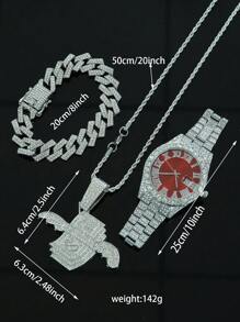 1 Set de joyería para hombre con colgante con signo de dólar con alas todo cubierto de rhinestone, reloj, pulsera, conjunto de joyería de lujo y glamoroso, accesorio de moda brillante