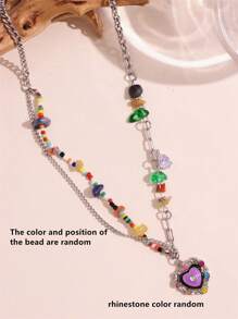 Color Bead Heart Necklace, Vintage Multicolored Stone Enameled Heart Pendant Necklace, Choker Necklace For Girls (Random Color/Placement)