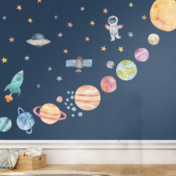 1Set Watercolor Solar System Space Astronaut Rocket Wall Stickers Decals,For Bedroom Living Room Playroom Home Decor