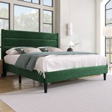 Upholstered Bed 140 X 200 Cm, Bed Frame With Slatted Frame & Headboard, Upholstered Double Bed, Textile Cover Velvet In Dark Green, Timeless Modern Design, Youth Bed