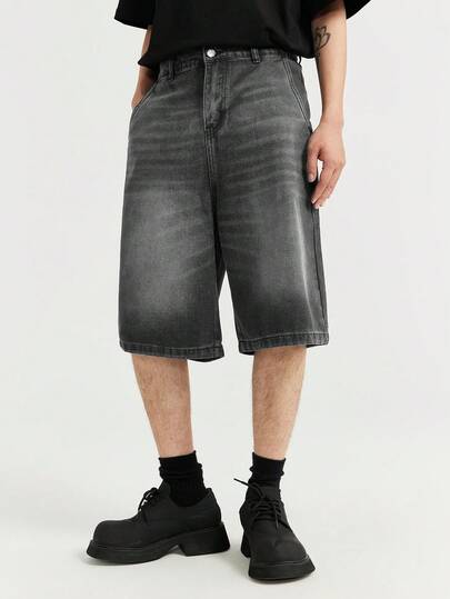 INFLATION Men's Solid Color Washed Slant Pocket Casual Denim Shorts