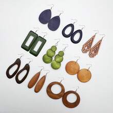 9 pièces/set Boucles d'oreilles pendantes en bois géométrique classique, boucles d'oreilles surdimensionnées de style bohème à la mode pour femmes, style de vacances - Multicolore - Voir 3