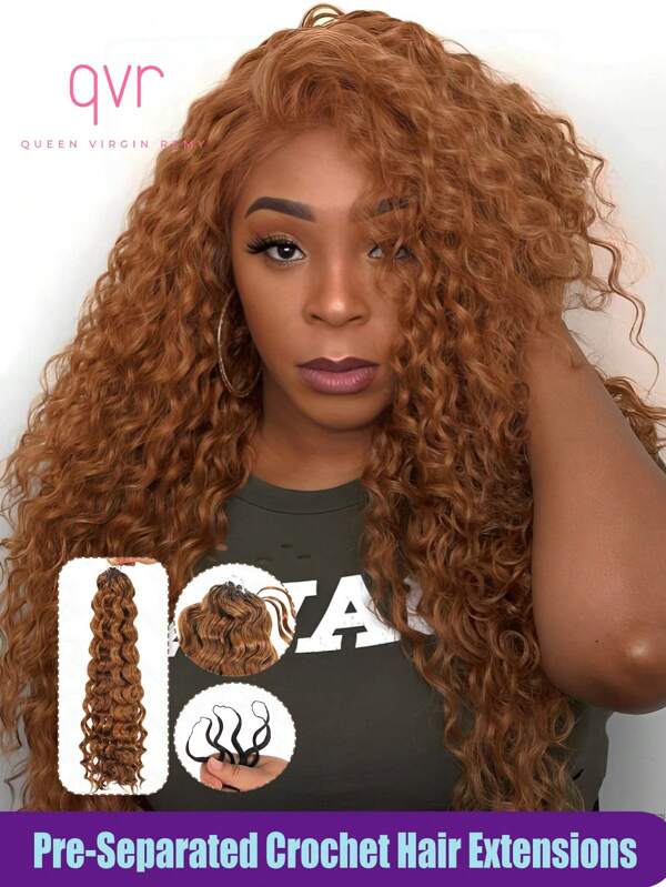 QVR QUEEN VIRGIN REMY Extensiones de cabello crochet de cabello humano pre-separadas QVR, onda de agua y onda profunda de plumas, color dorado destacado, 66g