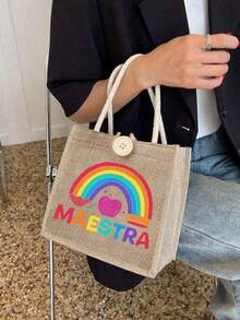 Rainbow Pencil Print Tote Bag Set, Tote Bag And Makeup Bag, Lightweight Large Capacity Tote Bag, Reusable Burlap Shopping Bag, Portable Travel Beach Bag With Makeup Bag, Best Gift For Teacher'S Day, Nurse'S Day, Birthday, Anniversary, Suitable For Weddings - Multicolor - View 5
