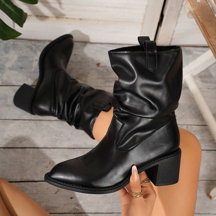 Women's New Solid Color Elastic Boots, Ladies Knee-High Boots With 7cm Chunky Heel, Round Toe, Suede Material, Pull-On Style, Fashion Versatile Casual Shoes, Plus Size 43 - Black - View 1