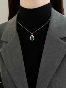 1 套优雅水滴绿色微镶嵌锆石项链和耳环轻盈奢华复古风格珠宝套装，适合女士宴会、派对、日常、节日佩戴 - 綠色 - 查看 3