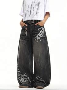 1 Stück Retro Mode Hiphop Muster Lässige Herren Loose Wide Leg Jeans, verwaschen vielseitige Jeans Hose (ohne Gürtel & Zubehör), Emo Stil