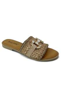 Revreal Woven Slide Sandalen – Luxuriöse Textur trifft auf glamourösen Glanz Basic Fashion Strand Casual Freizeit Bohemian Niedlich Outdoor Strass Metallkette Sommer - Kamelfarben - Übersicht 3