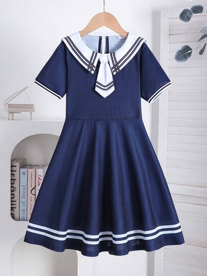 1pc Back To School Tween Girls Preppy Style Navy Blue Short Sleeve Bow Tie Striped Casual Dress