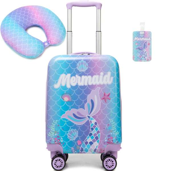 2 Pcs Girls Luggage Set With Backpack Neck Pillow Tag Lunch Bag Wheels Kids Luggage Set Suitcase Set 16Inch Hardside Luggage With Spinner Wheels Girls Carry On Toddler Travel Rolling Suitcase Airline Approved Back To School