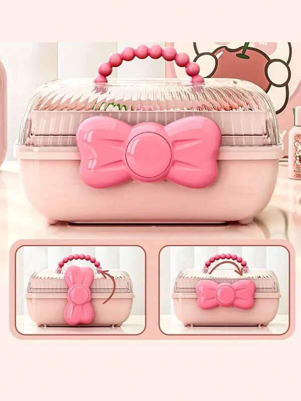A Fashionable Desktop Organizing And Storage Box, Multi-Layered, Plastic, With A Transparent Lid, Available In Pink And Purple Colors, A Cute Plastic Bow Jewelry And Cosmetics Storage Box, A Multi-Layered Storage Box For Home Dormitory Dressing Table Tops, Perfect For Jewelry And Cosmetics For Women Storage Organizer Travel Essentials Back To School Dormitory Storage Fall Decor