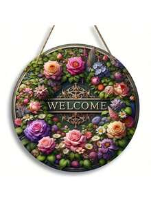 1 件，花朵欢迎标志，圆形木制标志，带有华丽花环的中心装饰，母亲节祝福，夏季标志，农舍墙壁装饰，门廊装饰，送给女士的完美礼物，人造木质材料。