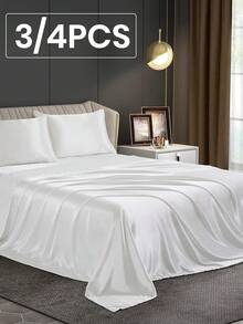 3/4pcs Satin Fitted Sheet Set, Bedding Set, Bed Sheets, Solid Color Bed Sheet Set, White Bedding Set, Mattress Cover Set, Skin-Friendly Bed Cover Set,  Soft And Comfortable Bedding, 1pc Flat Sheet, 1pc Fitted Sheet With 1/2pcs Pillowcase, Deep Pocket, For Single/Twin/Full/Queen/King Bed Sizes, Luxury Bedding, Machine Washable, Cool Touch For Sleeping, Perfect Valentine's Day Gift, Valentine's Day, Valentine's Gift - trắng - Xem 1