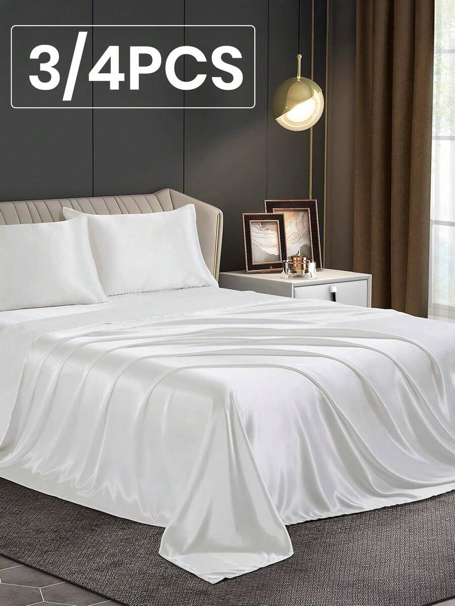 3/4pcs Satin Fitted Sheet Set, Bedding Set, Bed Sheets, Solid Color Bed Sheet Set, White Bedding Set, Mattress Cover Set, Skin-Friendly Bed Cover Set,  Soft And Comfortable Bedding, 1pc Flat Sheet, 1pc Fitted Sheet With 1/2pcs Pillowcase, Deep Pocket, For Single/Twin/Full/Queen/King Bed Sizes, Luxury Bedding, Machine Washable, Cool Touch For Sleeping, Perfect Valentine's Day Gift, Valentine's Day, Valentine's Gift - trắng - Xem 1