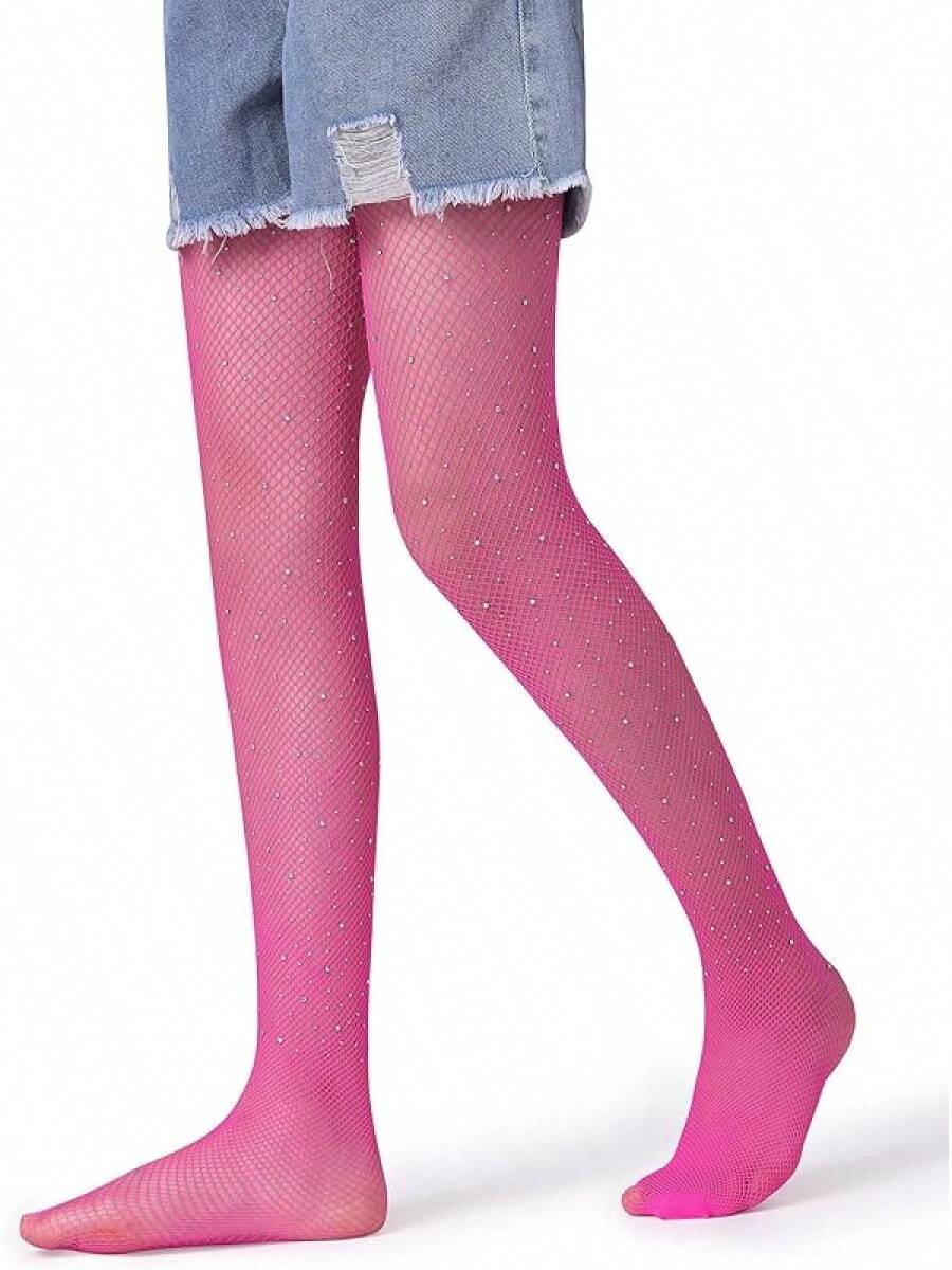 Henwarry Girls Sparkle Fishnet Stockings Children's High Waist Tights Rhinestone Hollow Out Party Pantyhose