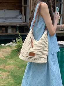 2026 Spring/Summer New Hollow Woven Bag, Beach Vacation Bag, Shoulder Bag, Underarm Bag, Business Women Casual Fashion Daily Commute Bag, Suitable For Work, Shopping, Dating, Travel, College Students, Ladies Bag, Daily Use, Holiday - Beige - View 3
