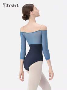 DonsGirl دانس جيرل قطعة واحدة للمرأة تصميم ساعد ثلاثي الأرباع مثير بإكتاف مكشوف مع تصميم شبكي متباين الألوان لزي الباليه والرقص والتمارين الرياضية بلدي حلو فتاة ياجا ملابس أداء رياضية - أزرق بحري - مشاهدة 3