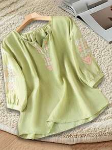 Cotton Linen Tops For Women Loose Geometric Embroidered Tunic Shirt V Neck Half Lantern Sleeve Plus Size Blouses - Green - View 6