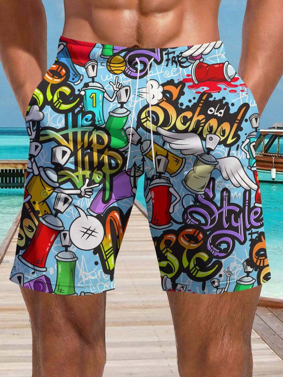 Pantaloni scurți de plajă casual cu imprimeu 3D, stil hawaian, pentru bărbați, mărime plus, cu uscare rapidă și șnur în talie, perfecți pentru activități în aer liber de vară