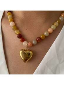 1pc Women Natural Stone Multicolor Mixed Beaded Titanium Steel Heart Pendant Necklace, Suitable For Party, Gathering, Gift, Daily Wear