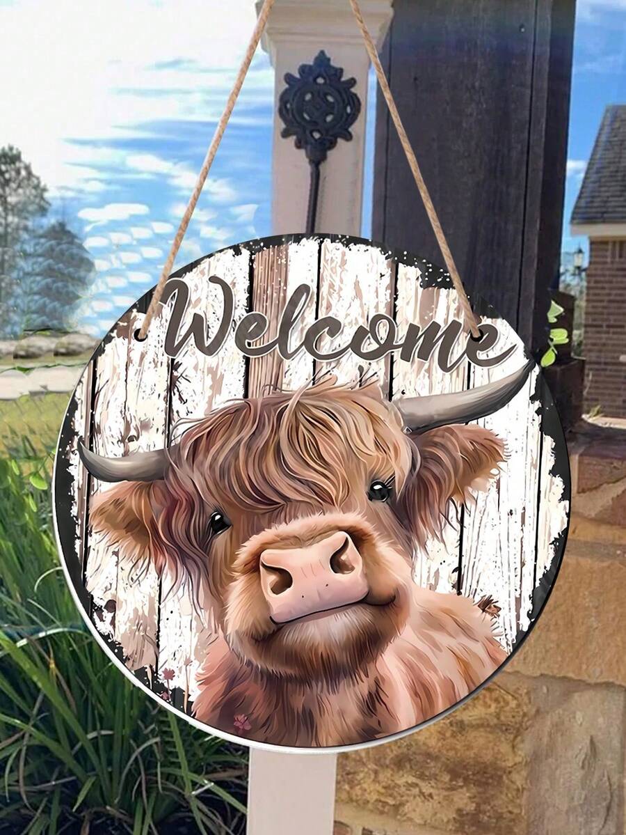 1pc Wooden Welcome Sign, Farmhouse Decor, Front Door Wall Hanging Welcome Sign, Porch Decor, Cow Welcome Sign, Outdoor Indoor Holiday Decoration, Housewarming Gift, 19.8cm/7.8in - Multicolor - View 1