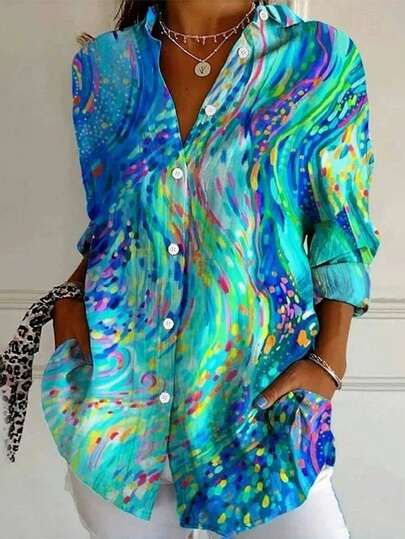 Jisfaneya Plus Size Non-Fitted Printed Button-Down Shirt All-Over Printed Fabric Green Long-Sleeve Collared Shirt Vacation Casual Everyday Homewear Versatile Spring/Summer Shirt