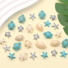 10/20/30pcs Artificial Turquoise Ocean Theme Beads, Turtle Pendant, Starfish Synthetic Turquoise Beads, Jewelry Alloy Beads DIY Bohemian Bracelet Necklace Ankle Set