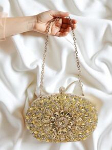 1pc Shiny Silver Rhinestone Decor Elegant Clutch Bag, Luxury Party Wedding Purse With Metal Chain For Women, Sophisticated Formal Occasion Evening Bag Suitable For Weddings, Parties And Galas, Perfect Gift For Ladies