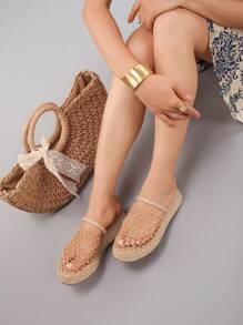 Sandalias con cuña de soga de cáñamo, suela gruesa, respirables con malla calada, diapositivas planas casuales para vacaciones de verano, zapatos de moda diarios para mujer