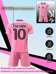 Personalized Name Argentina National Team Classic Pink #10 Boys' And Girls' Soccer Jersey With Shorts Set - Polyester Fiber, Children's Set, Boys' Set, Crew Neck Top And Shorts, Suitable For Boys' Sports Training And Casual Wear, Perfect Choice For Outdoor Activities. - Pink - View 1
