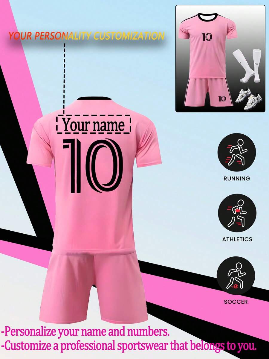 Personalized Name Argentina National Team Classic Pink #10 Boys' And Girls' Soccer Jersey With Shorts Set - Polyester Fiber, Children's Set, Boys' Set, Crew Neck Top And Shorts, Suitable For Boys' Sports Training And Casual Wear, Perfect Choice For Outdoor Activities. - Pink - View 1