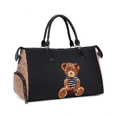 可爱动物刺绣熊手提包女士旅行包大容量短途商务旅行包旅游行李包随身包，独立干湿隔层，轻便，男女通用健身包，多功能商务旅行包，学校配件，学校用品，旅行必需品，假日度假包，行李箱，女士旅行包