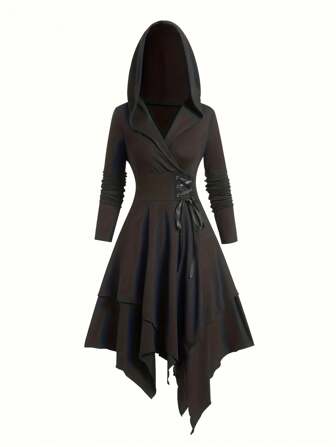 Plus Size Gothic Punk Dress With Hood & Thumbholes - Halloween Asymmetrical Lace-Up Corset Dress In Solid Black | Curve Dark Academia Witchy Aesthetic (1X-5X)