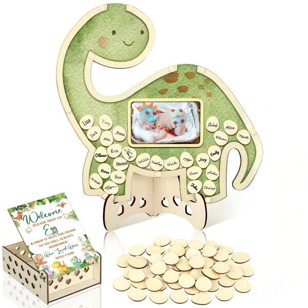 63 pièces Ensemble d'alternatives de livre d'or de baby shower Décorations de baby shower avec cadre photo, cadre de sonogramme, souvenir 60 tranches de bois Livre d'or pour anniversaire (Dinosaure), Cadeaux de rentrée des classes