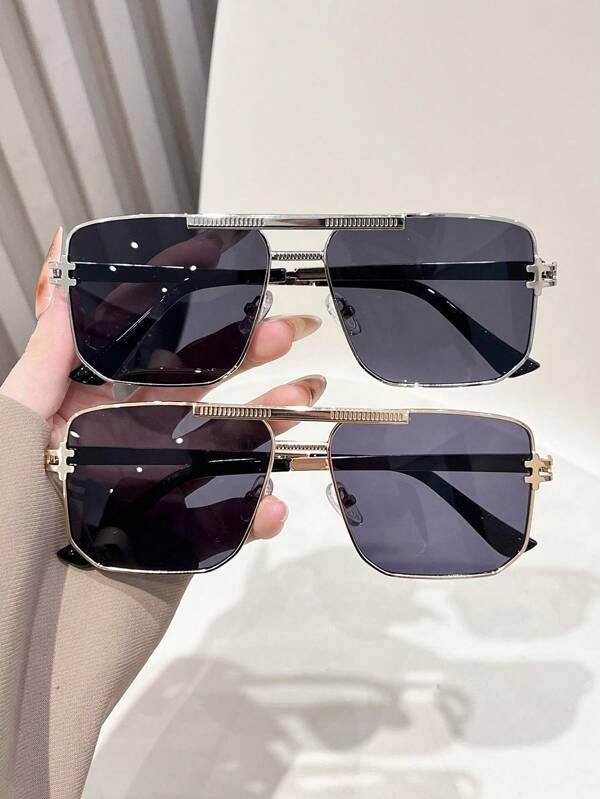 1 Pair Men & Women Stainless Steel Square Frame Fashion Glasses, Solid Color Metal Bridge, Chic & Versatile For Everyday Wear
