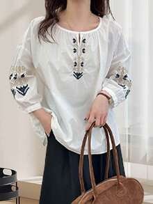 Cotton Linen Tops For Women Loose Geometric Embroidered Tunic Shirt V Neck Half Lantern Sleeve Plus Size Blouses - 白色 - 查看 4