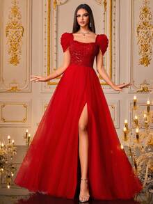 VIPGIRL Đầm dự tiệc thanh lịch màu trơn đính sequin, thiết kế xẻ tà bằng vải lưới dành cho nữ, đầm dự đám cưới, đầm dạ hội, đầm mùa xuân. - Đỏ - Xem 2