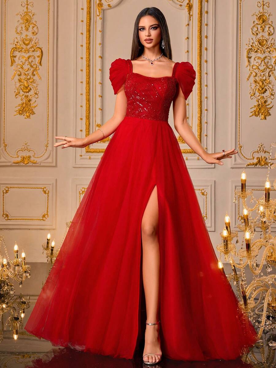 VIPGIRL Đầm dự tiệc thanh lịch màu trơn đính sequin, thiết kế xẻ tà bằng vải lưới dành cho nữ, đầm dự đám cưới, đầm dạ hội, đầm mùa xuân.