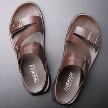 Simple And Versatile Open-Toe Mens Slippers With Double Buckle Design, Comfortable Flat Sole, A Preferred Choice For Daily Wear & Beach Outings. - Brown - View 10