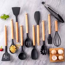 12 Stücke Silikon Kochutensilien Set, hitzebeständiges Pfannenwender Set mit Holzgriffen, für Backen, Kochen und Mixen, beste kleine Küchenhelfer, mit Halterung, Küchenhelfer